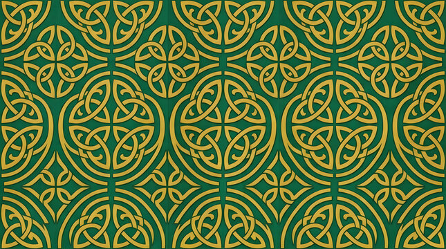 Green and gold Celtic knot seamless pattern background