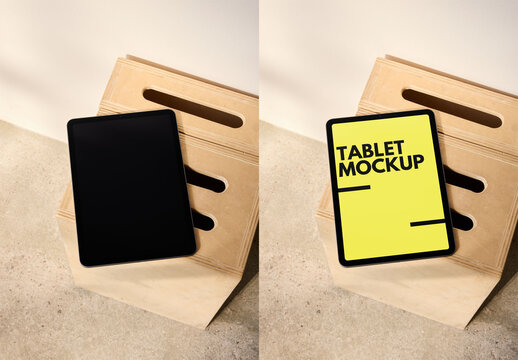 Mockup Of Customizable Tablet Leaning Against Wooden Box