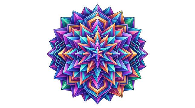Vibrant 3D mandala with geometric star patterns, colorful kaleidoscopic floral ornament, intricate crystalline symmetry for meditation and yoga design isolated PNG with Transparent Background