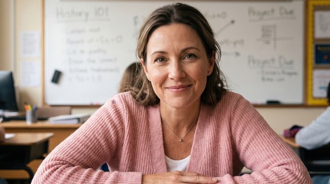 Confident female teacher smiling in a bright classroom setting