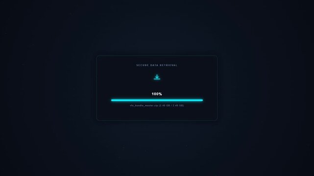 Professional commercial  motion graphic featuring a modern download progress interface, downward arrow transition, smooth progress fill, and a glowing green checkmark with 'DOWNLOAD COMPLETE'
