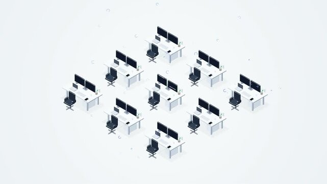 3D isometric animation of a smart office workspace management system illustrating hot desking with spatial awareness occupancy sensors and analytics engine for automated desk reservation