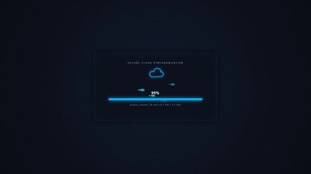 Professional commercial  motion graphic featuring a modern file upload interface with progress bar, dynamic file fragments moving to a cloud, and a glowing green checkmark 