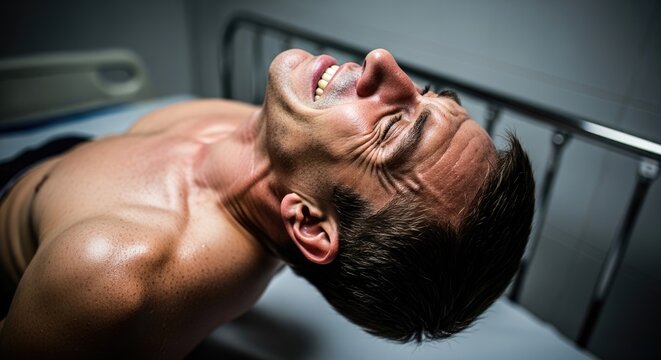 Human ailment symptom: tetanus disease, lockjaw sign, trismus effect, opisthotonos posture, nerve toxin, extreme pain, muscle contract, body convulse.