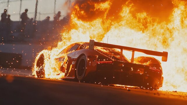 A dramatic scene captures a racing car engulfed in flames after a high-speed crash at Le Mans. The intense fire and smoke illustrate the dangers of motorsport.