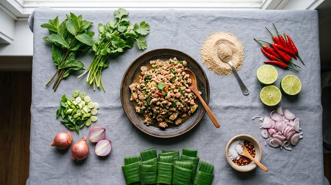 Fresh larb ingredients arranged for a Laotian menu