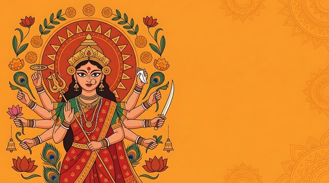 Traditional multi armed hindu goddess illustration on yellow background with floral