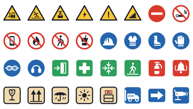 Warehouse safety signs icon set, 32 vector warning, prohibition and mandatory signs