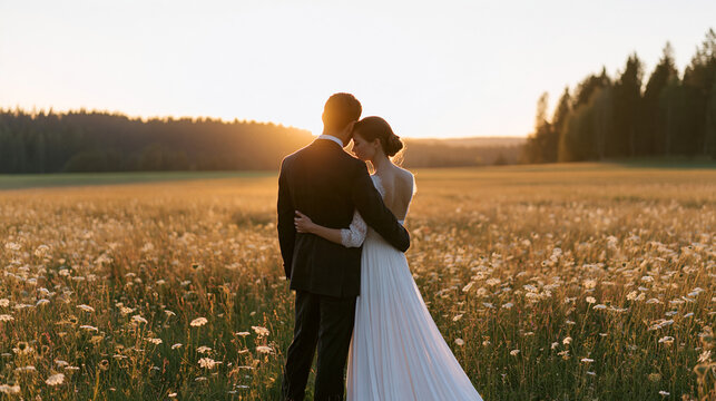 Bride and groom posing among wildflowers and greenery during a golden-hour outdoor wedding photo session, natural elegance, countryside atmosphere, fine art wedding photography,