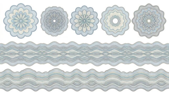 Guilloche Rosettes and Border Patterns for Security Document Design, Certificates, and Banknotes on White Background