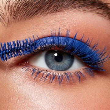 Close Up of Blue Mascara on Eyelashes with Blue Eye