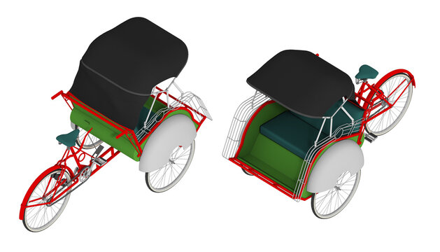 Dual perspective view of red traditional cycle rickshaw passenger pedicab isolated on white, high quality 3d rendering