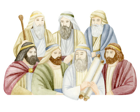 Seven biblical Ushpizin guests in traditional clothes with Torah scrolls watercolor isolated illustration. Religious holiday history sketch for simple Jewish Sukkot designs in pastel colors