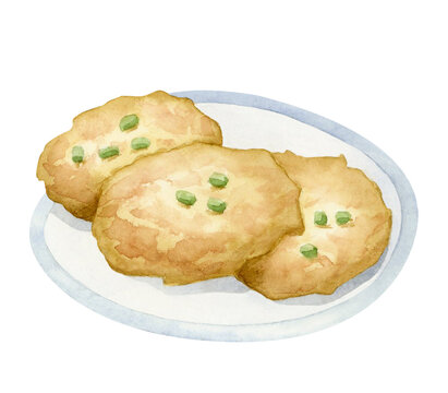 Hanukkah latkes on plate watercolor illustration isolated on white. Traditional Jewish Ashkenazi dish for Hanukkah holiday in simple hand drawn style. Golden potato pancakes with green onions