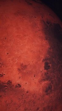Flying abobe the Mars planet, Surface Close-Up of red planet, Rotating Red texure - Vertical 3D render in Ultra HD 4K.