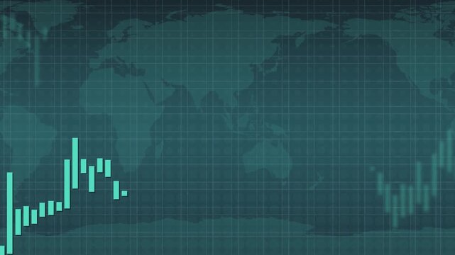Animated stock market candlestick chart rising over green world map background.