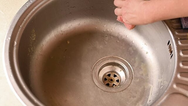 Close up of cleaning dirty sink with soapy sponge. Household chore includes scrubbing round steel sink in kitchen. Professional housekeeping service washes sink surface until it shines.