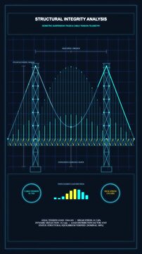 Futuristic digital interface displays bridge construction data, structural integrity analysis, and progress charts