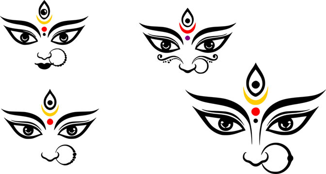 Goddess Durga eyes vector line art set with third eye, bindi, nose ring, and colorful tilak details isolated on white background.