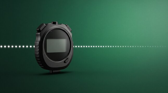 Close-up of a digital stopwatch on a green background with a light line