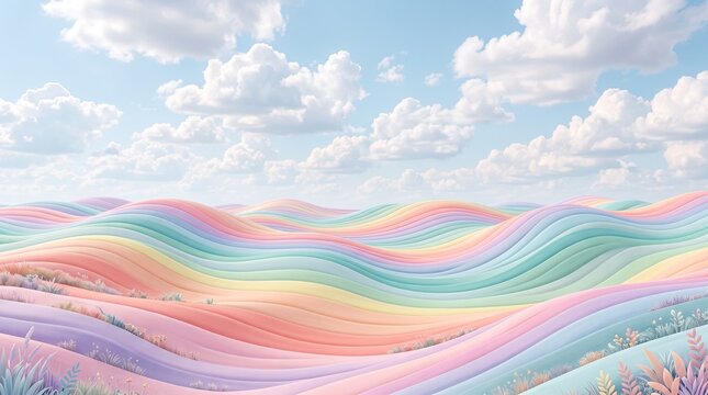 Soft pastel waves undulate under a bright sky filled with fluffy clouds