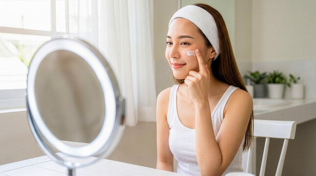 Asian woman applying moisturizer cream on cheek at vanity mirror
