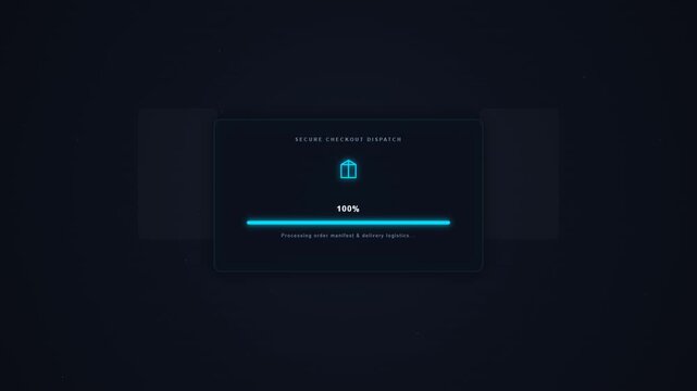 Professional commercial  motion graphic featuring an e-commerce checkout success flow with animated package icon, horizontal progress bar, floating particles, glassmorphism UI panels, 