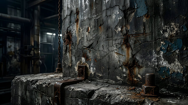 Rusted metal pillar in dark industrial factory setting.