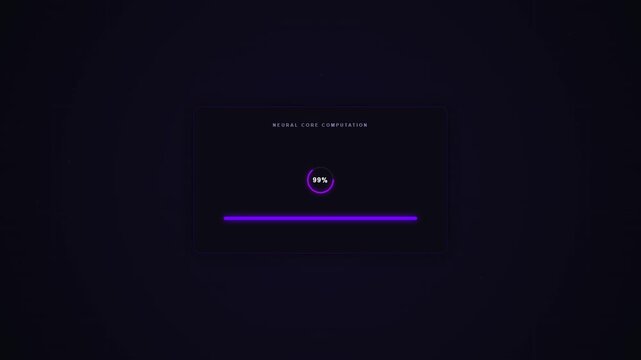 Professional commercial  motion graphic featuring a futuristic processing interface with circular loader, progress bar, purple and blue neon glow, cyber grid background, floating particles, a