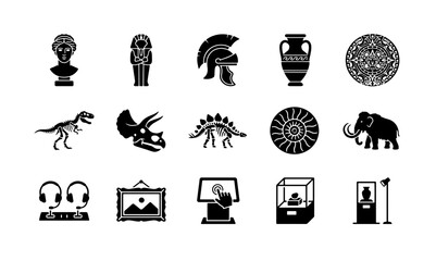 Historical museum icons set, 15 black vector silhouettes of ancient artifacts and dinosaur fossils, archaeological exhibition gallery symbols © MdMahmudulHasan