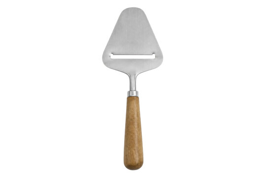 Shiny stainless steel cheese slicer with a natural wooden handle is positioned vertically on a clean white background