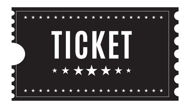 Black decorative event ticket with star accents on white background ticket stub entry pass admission slip star decoration star icon ticket design show ticket admit one concert ticket
