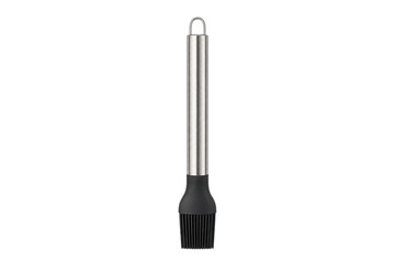 Single modern black silicone basting brush with a brushed stainless steel handle stands upright on a clean white background © Chinases