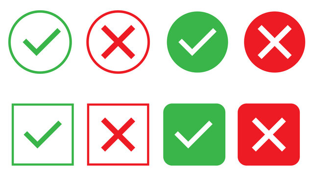 Collection of green check marks and red cross symbols in circles and squares with check mark green tick red x validation icon yes no true false survey icon square icon circle icon