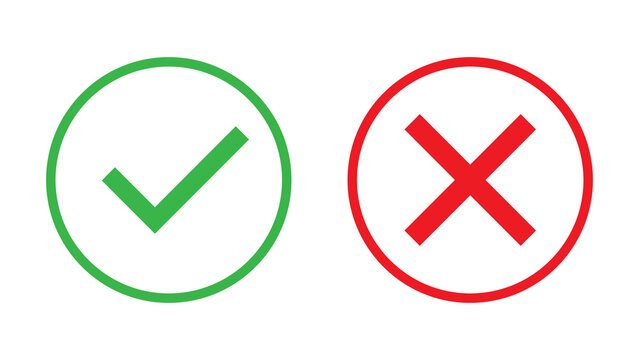 Green check mark and red cross mark symbols in circular borders with green tick red x validation icon yes no true false survey icon selection sign rejection icon accept decline web icon