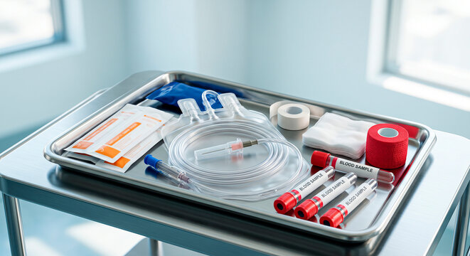 Blood donation equipment tray, Medical supplies and blood collection tubes on stainless steel hospital tray  