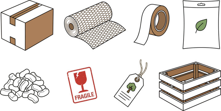 Eco-friendly packaging materials set, sustainable shipping supplies vector icons, cardboard box and biodegradable packing elements for e-commerce