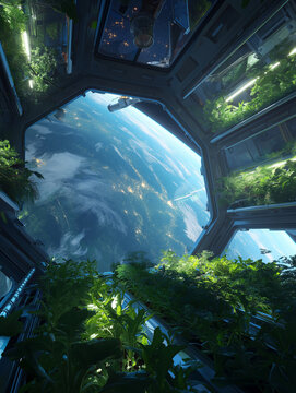 Future Earth Observation Deck: A futuristic biodome habitat on a space station offers a breathtaking view of Earth.