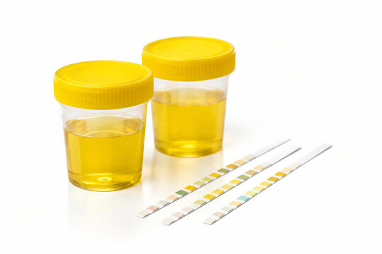 Urine sample cups and urinalysis dipstick strips