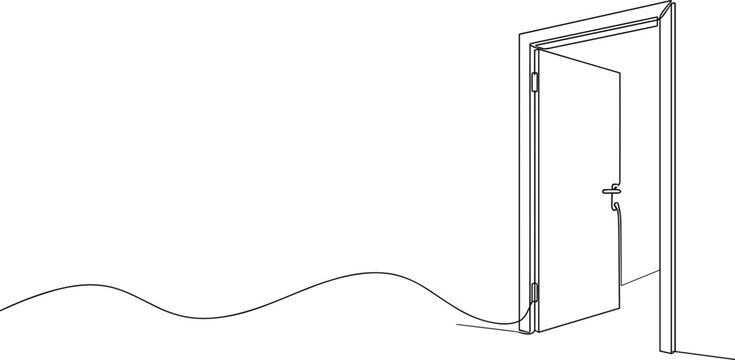 Line art drawing of an open door with a wavy cord leading to it.
