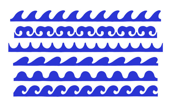 Sea wave patterns, seamless water curves, wavy wiggle shapes set. Seamless water lines, sea and ocean borders. Horizontal waves, design elements, ornaments, curve patterns. Vector illustrations