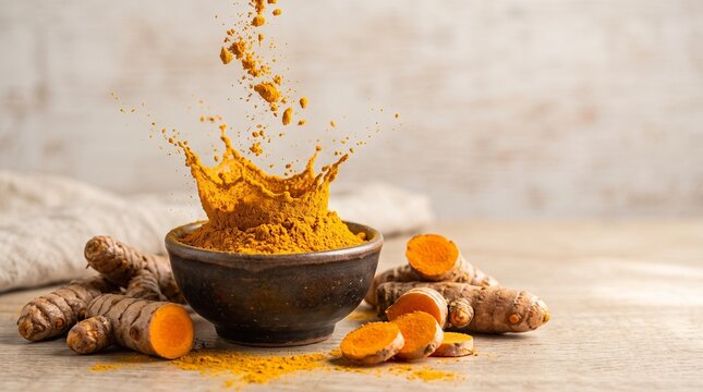 Turmeric powder and root, Turmeric powder splashing in bowl with fresh turmeric roots on table  
