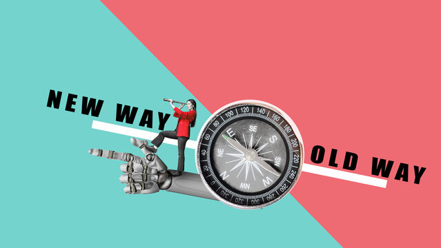  Signpost - a ai robot hand shows the business woman with binoculars new way symbolizing transformation. Concept of management, education, and personal development.
