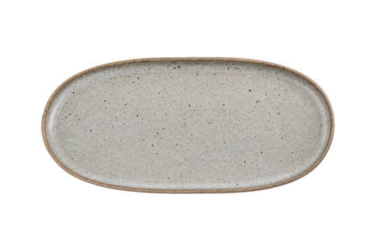 Single speckled gray ceramic oval plate with a rustic brown rim, captured from a top-down perspective on a clean white background