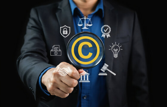 Copyright protection concept, legal intellectual property, law icons on black