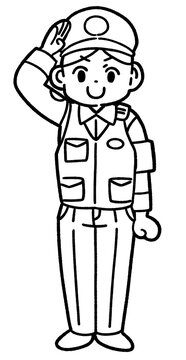 敬礼する男性警察官のイラスト（線画）