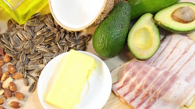 Ketogenic diet food healthy eating full frame on wooden background slow motion parallax shot footage clip.