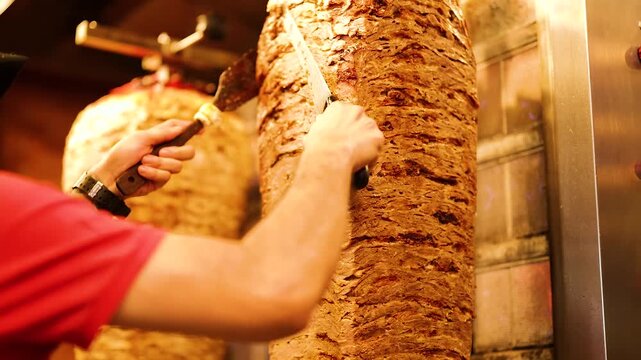 Professional chef slicing meat from a vertical rotisserie for traditional kebab and shawarma preparation.