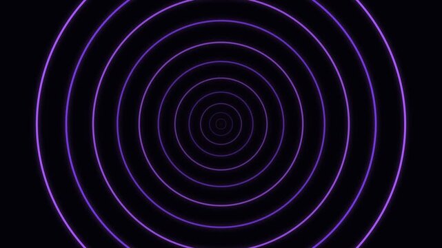 Hypnotic concentric neon purple circles tunnel background, abstract glowing ultraviolet round rings expanding in dark space, retro sci-fi radio wave portal, futuristic visual loop backdrop