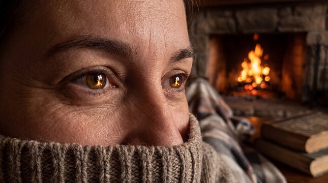 Analog detox woman eyes fireplace reflection cozy calm mindful evening Warm firelight reflected in a thoughtful gaze suggests comfort contemplation and quiet presence away for wellness campaigns